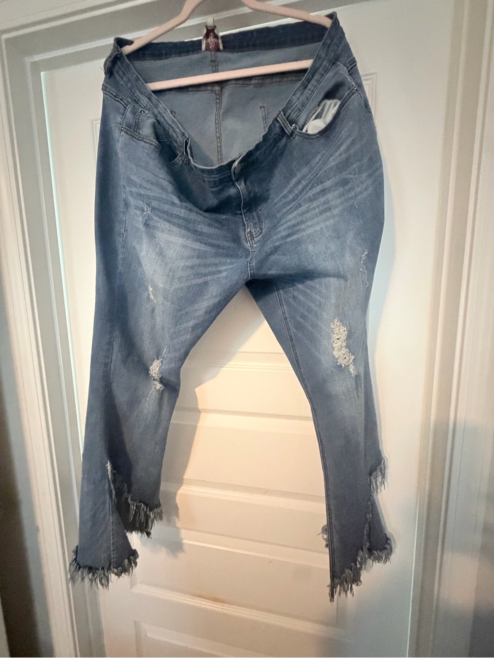Frayed-Hem Flare Jeans in Light Blue